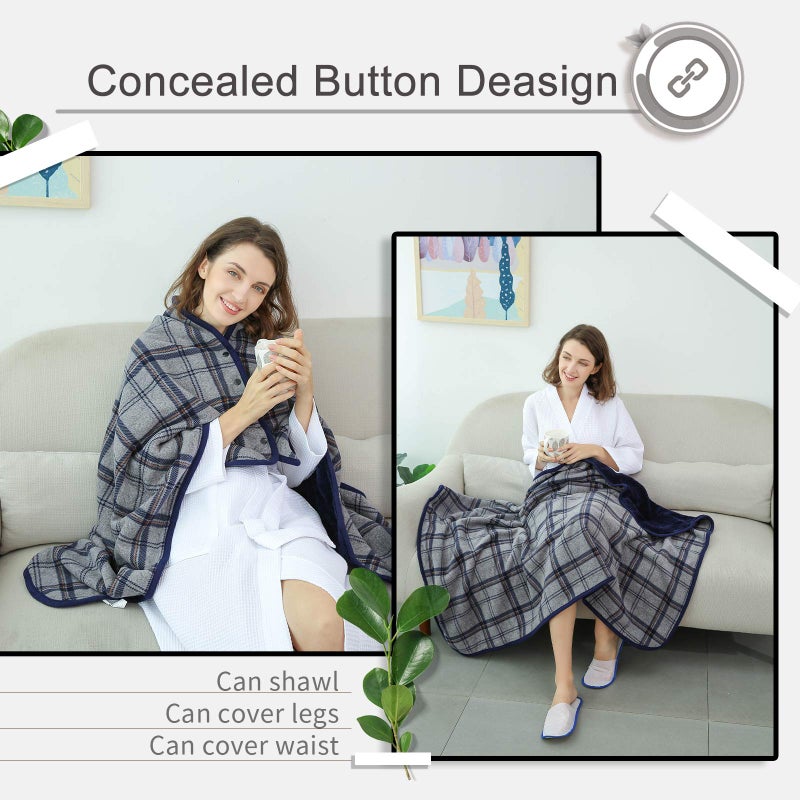 XING YE CHUAN Fleece Wearable Blanket, Comfy Poncho Throw with Buttons, Plush Sleeveless Blankets, for Women Cape Wrap Cover for Lightweight Microfiber Plaid Design (Grey) - Image 5